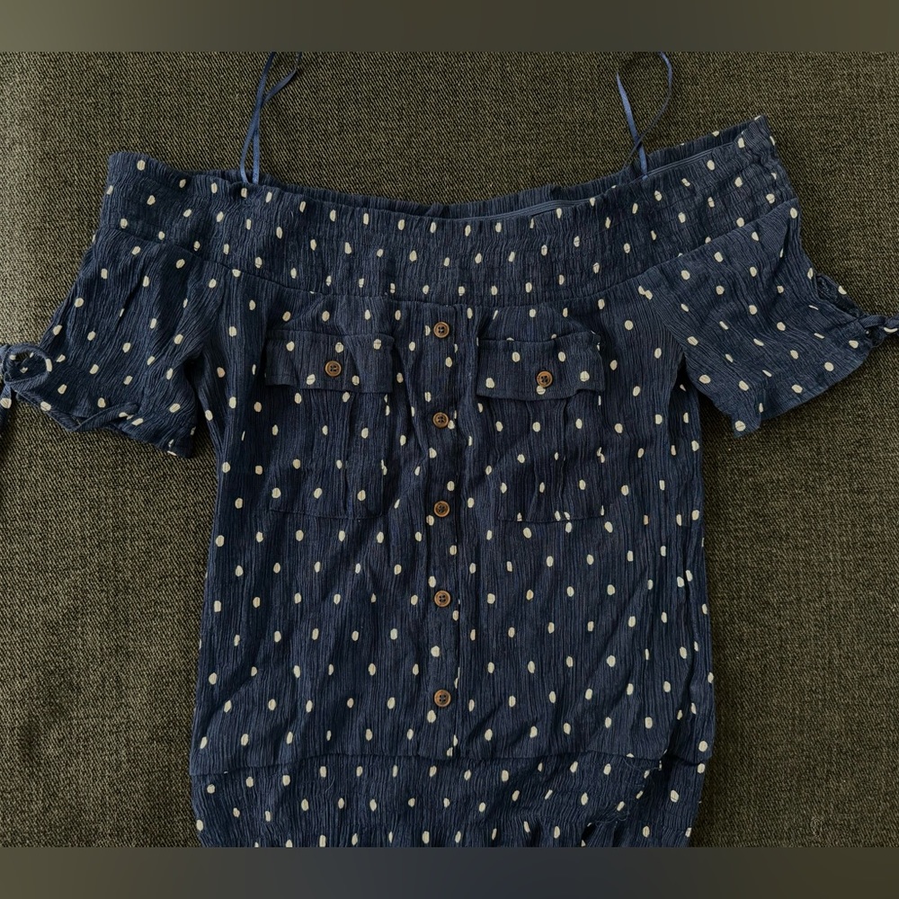 Mine Blue Polka Dot Strapless Scrunch Top